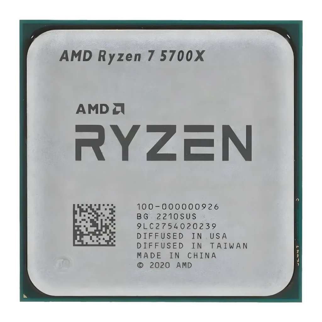 AMD Ryzen 7 5700X Tray 8 Cœurs AM4, vue de face: IHS métallique avec logo RYZEN, numéro de série et bordure verte AM4