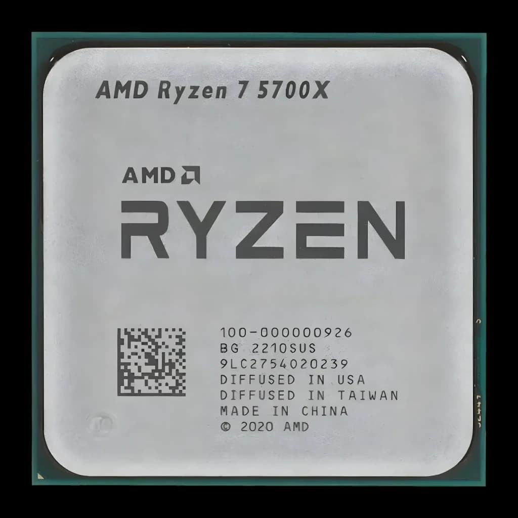 AMD Ryzen 7 5700X Tray 8 Cœurs AM4, vue de face: IHS métallique avec logo RYZEN, numéro de série et bordure verte AM4