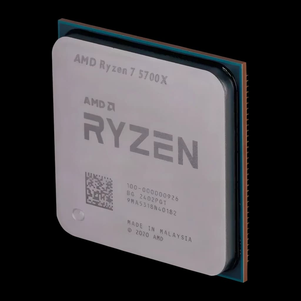 AMD Ryzen 7 5700X Tray 8 Cœurs AM4, détail: IHS gravé avec logo Ryzen, QR code et broches dorées visibles