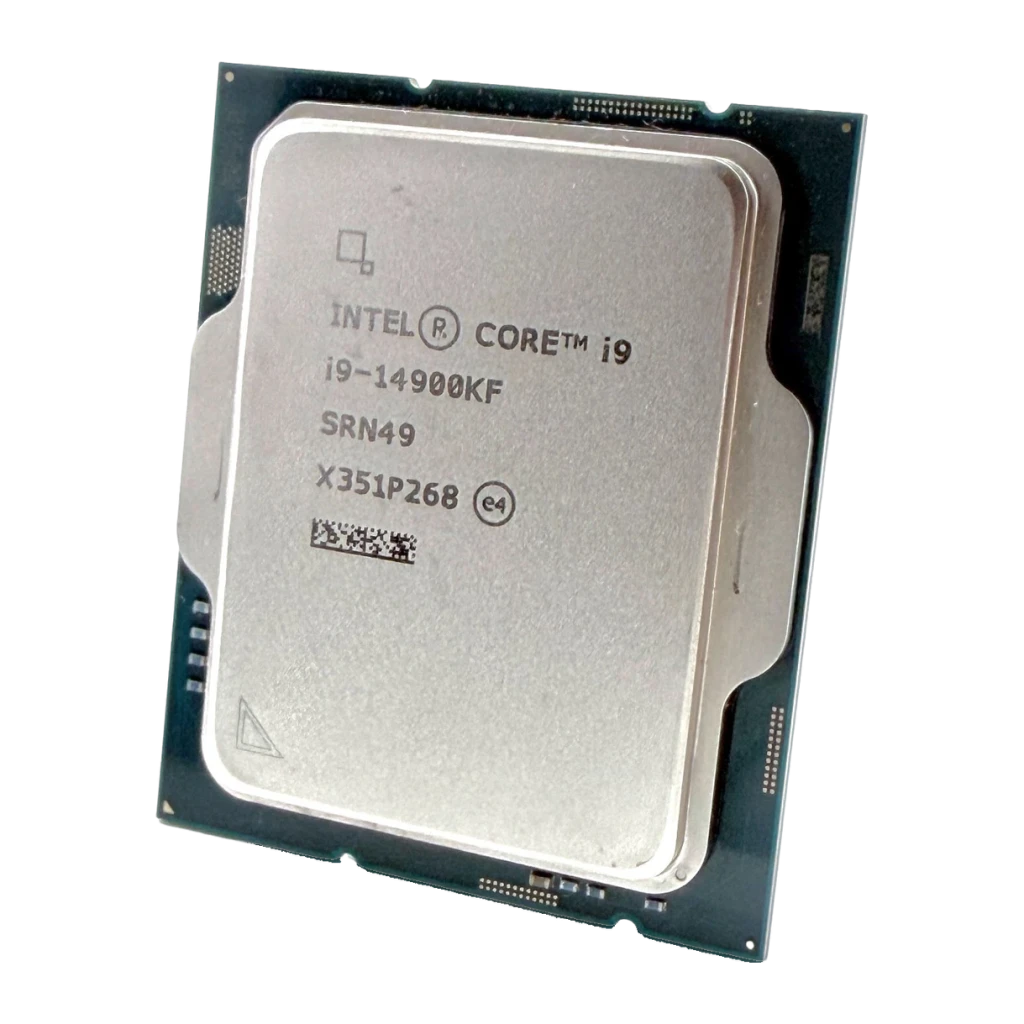 Intel Core i9-14900KF Tray 24 Núcleos LGA1700, vista frontal: IHS metálico con grabado del modelo y PCB verde con contactos