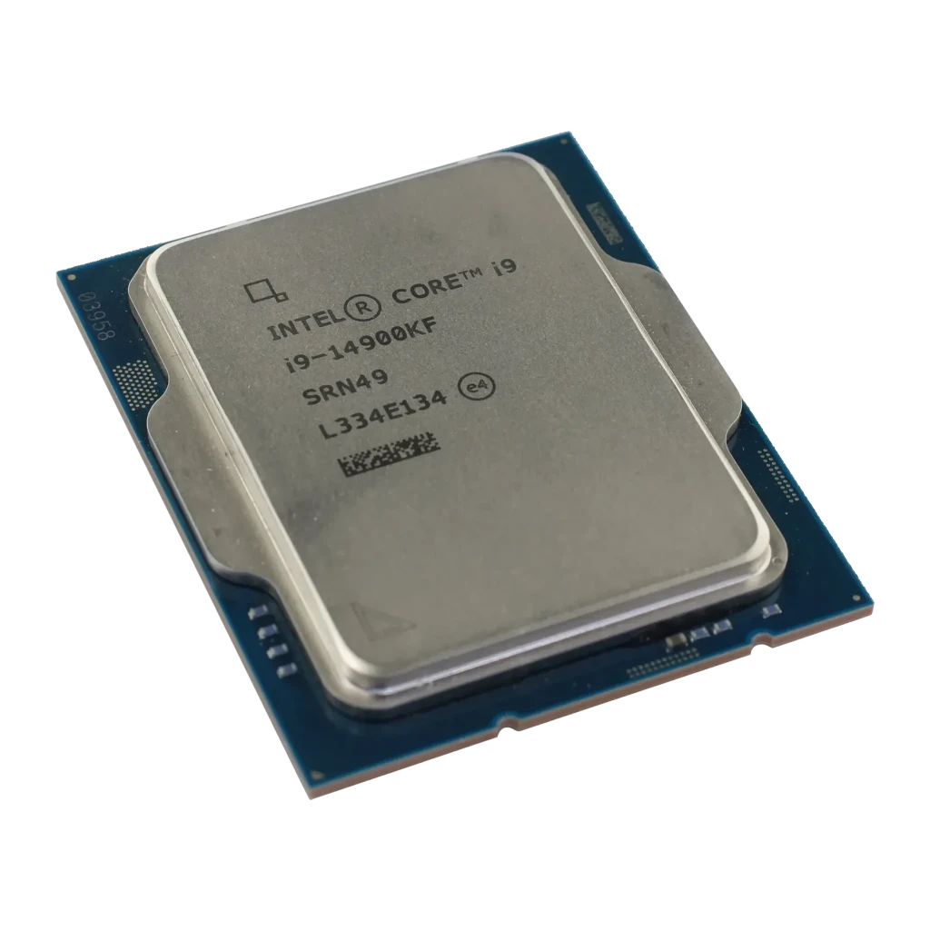 Intel Core i9-14900KF Tray 24 Núcleos LGA1700, detalle: IHS metálico con grabado del modelo y PCB azul en ángulo