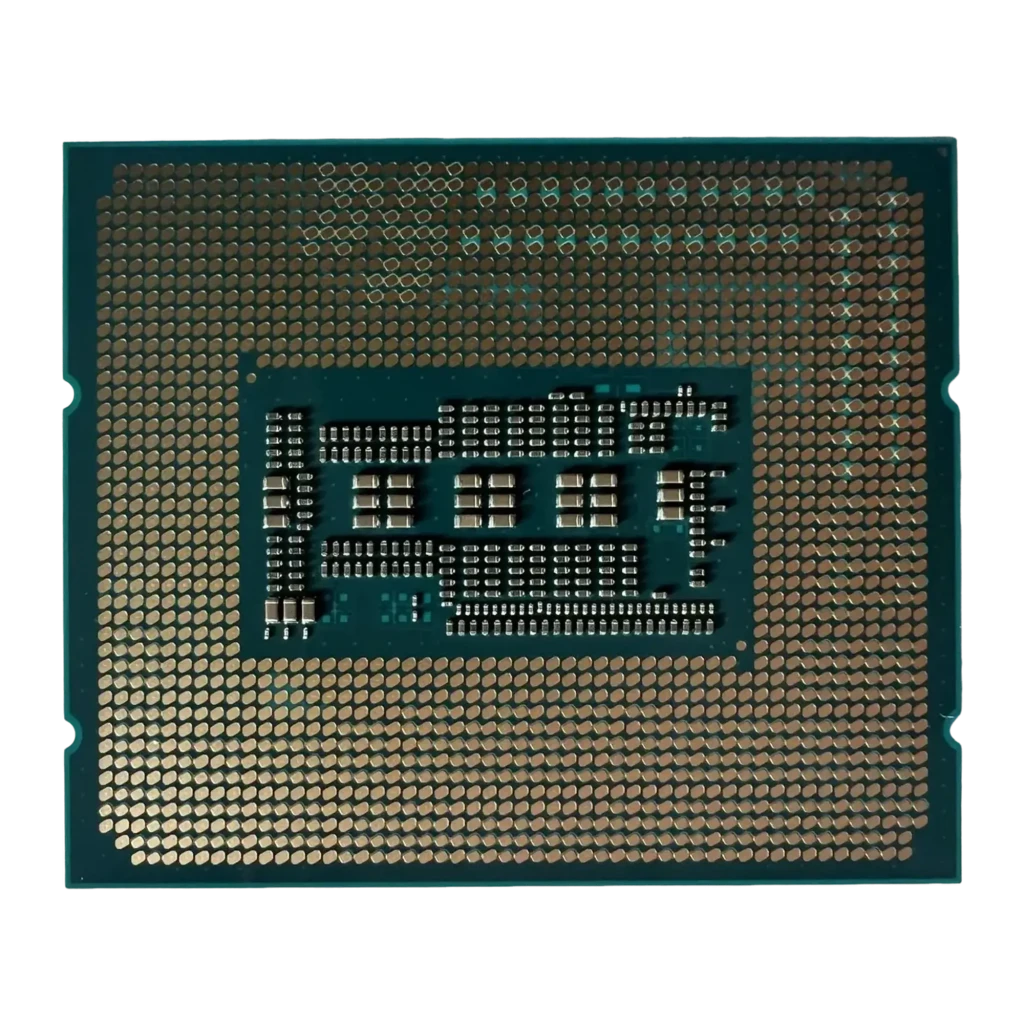 Intel Core i9-14900KF Tray 24 Núcleos LGA1700, vista trasera: contactos dorados LGA1700 y condensadores centrales