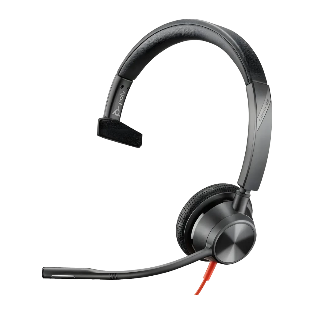 Auriculares Poly Blackwire 3315 Monaural USB-C + Jack 3,5 mm Diadema Negro, detalle: micrófono flexible y cable rojo