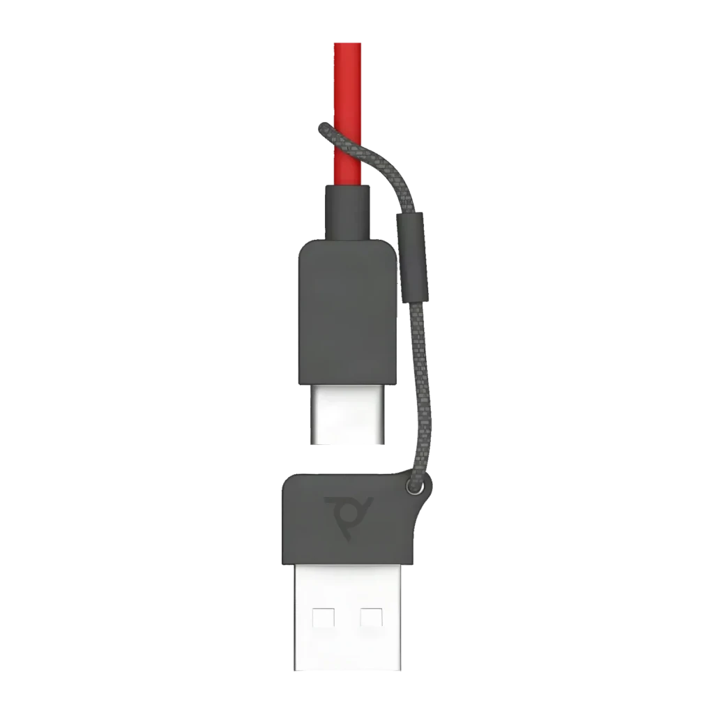 Auriculares Poly Blackwire 3315 Monaural USB-C + Jack 3,5 mm Diadema Negro, detalle: conector USB-C y USB-A con cable rojo