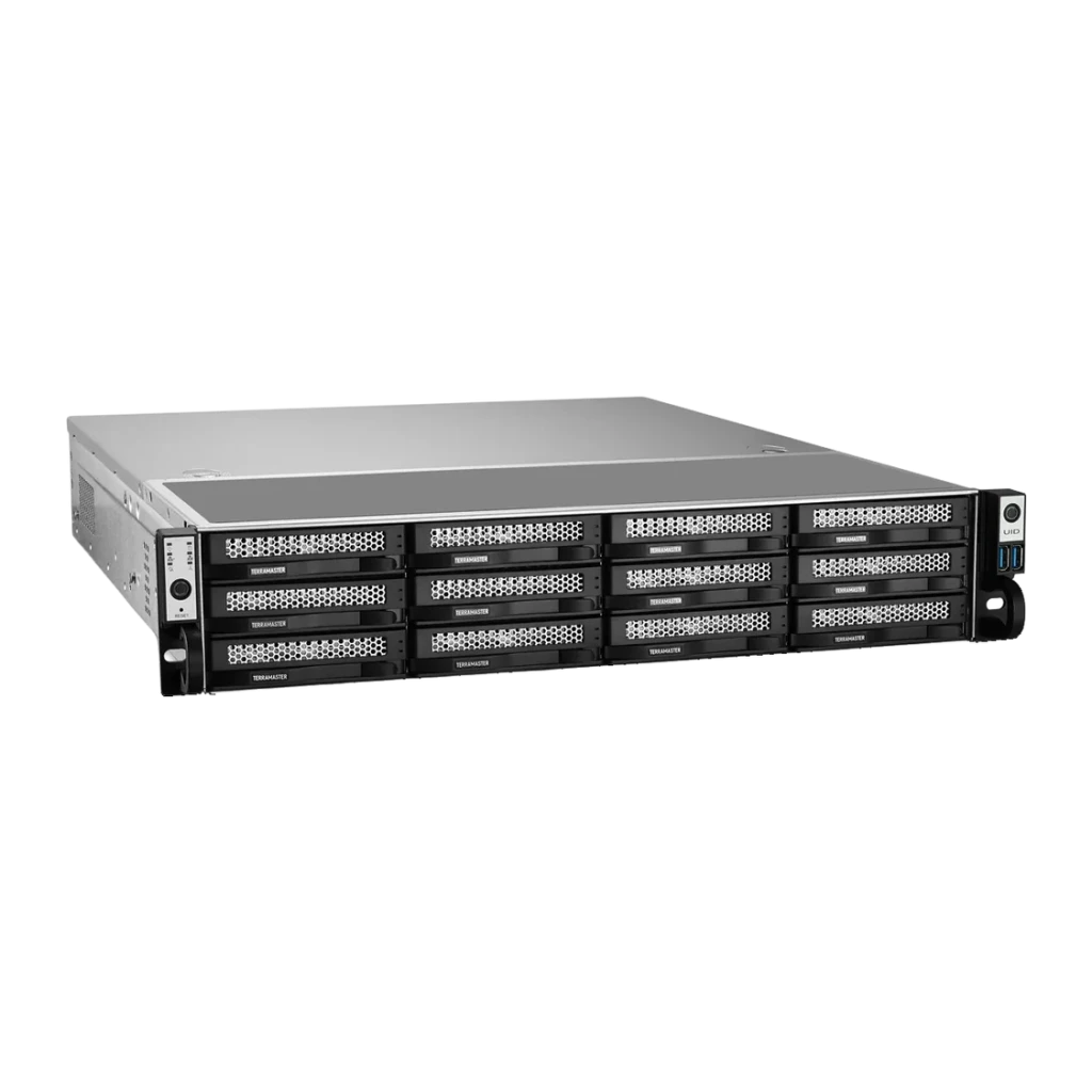 Serveur NAS TerraMaster 16 Go Gris 12 Baies Sans Disques DDR5 U12-500 Plus, vue avant: châssis rack 2U avec 12 baies vides