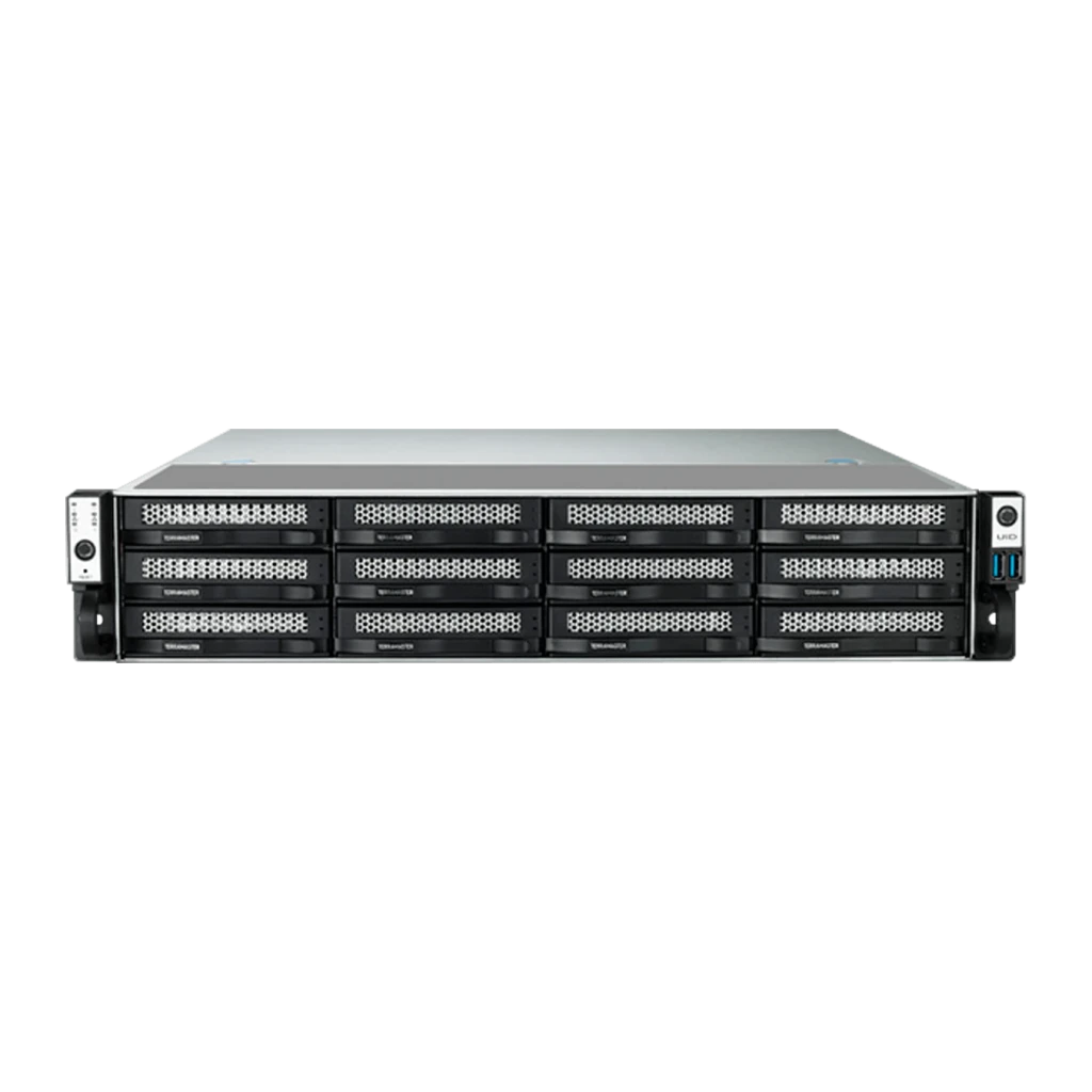 Serveur NAS TerraMaster 16 Go Gris 12 Baies Sans Disques DDR5 U12-500 Plus, vue avant: 12 baies vides en grille 4x3, panneau