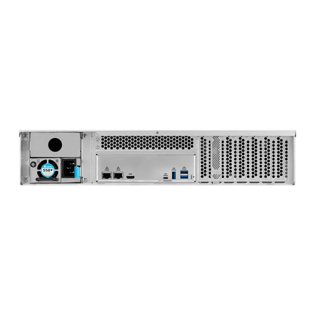 Serveur NAS TerraMaster 16 Go Gris 12 Baies Sans Disques DDR5 U12-500 Plus, vue arrière: alimentation 550W, ports LAN, HDMI