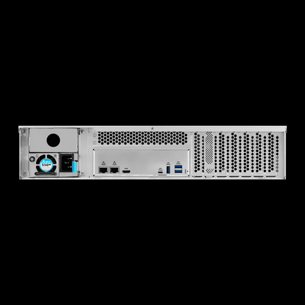 Serveur NAS TerraMaster 16 Go Gris 12 Baies Sans Disques DDR5 U12-500 Plus, vue arrière: alimentation 550W, ports LAN, HDMI