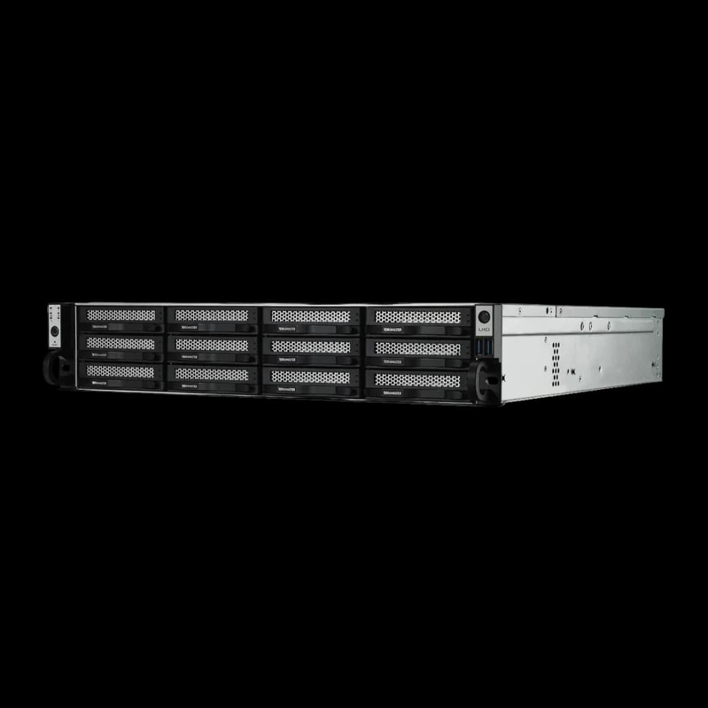 Serveur NAS TerraMaster 16 Go Gris 12 Baies Sans Disques DDR5 U12-500 Plus, détail: vue en angle des 12 baies frontales