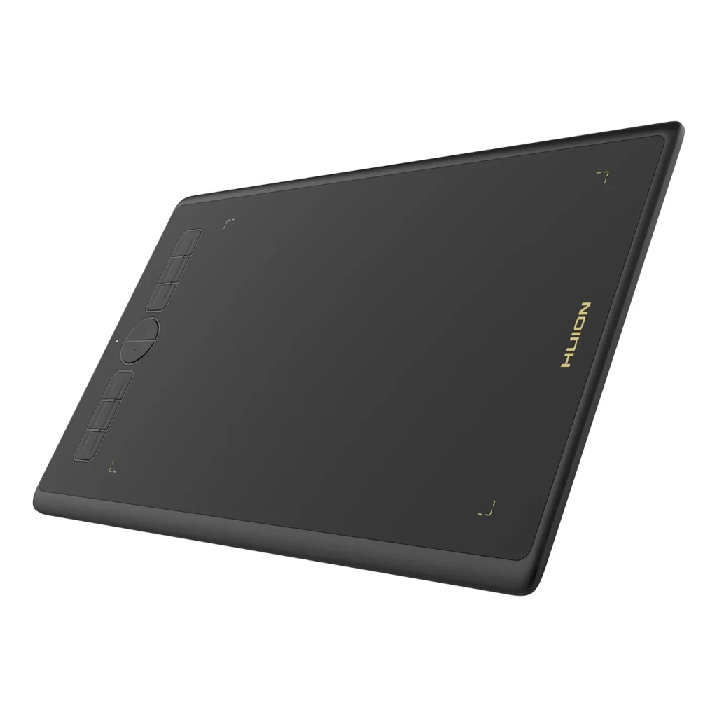 Tablet gráfica Huion Inspiroy H610X Preto 10 x 6,25 polegadas 8192 níveis, vista em perspectiva: superfície ativa, teclas
