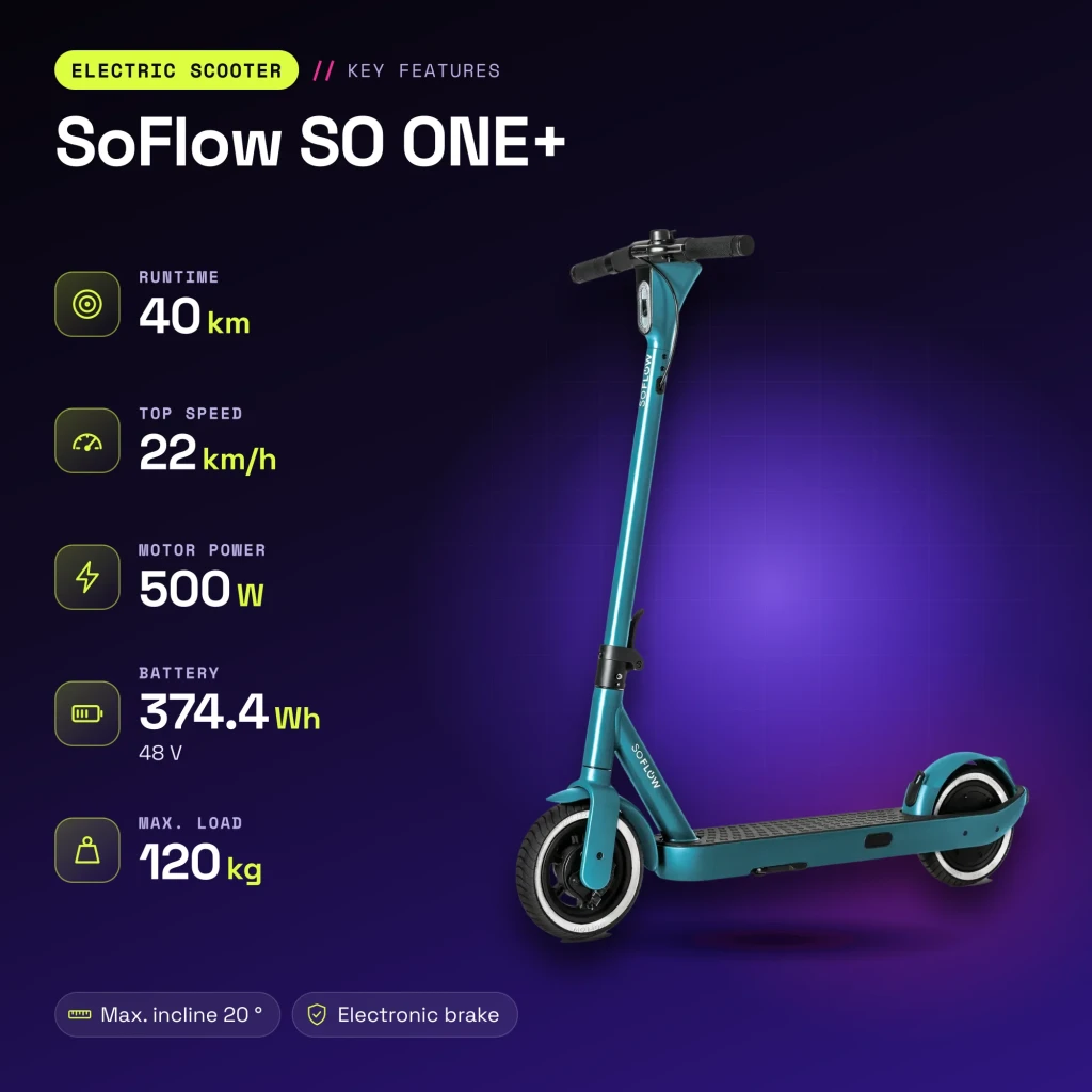 Trottinette électrique SoFlow SO ONE+ 500W 40km 22km/h Vert - caractéristiques
