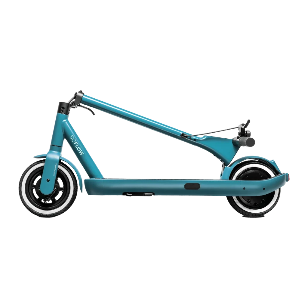 Trottinette électrique SoFlow SO ONE+ 500W 40km 22km/h Vert, détail latéral: cadre vert, pneus flancs blancs et logo SoFlow