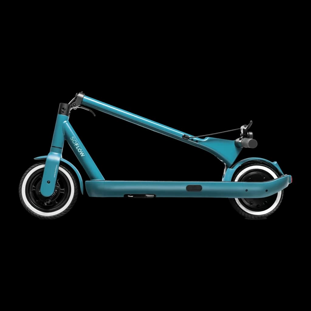 Trottinette électrique SoFlow SO ONE+ 500W 40km 22km/h Vert, détail latéral: cadre vert, pneus flancs blancs et logo SoFlow