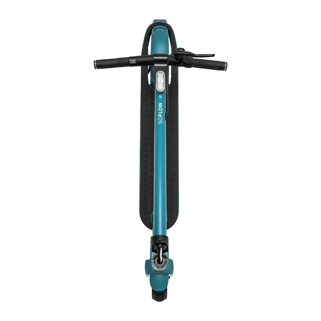 Trottinette électrique SoFlow SO ONE+ 500W 40km 22km/h Vert, détail vue du dessus: guidon, plateau antidérapant et roue avant