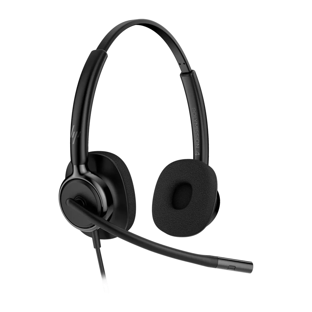 Auriculares HP Poly Mission 425 USB Reducción de Ruido Diadema USB-C Negro, detalle: almohadillas biaurales y micrófono