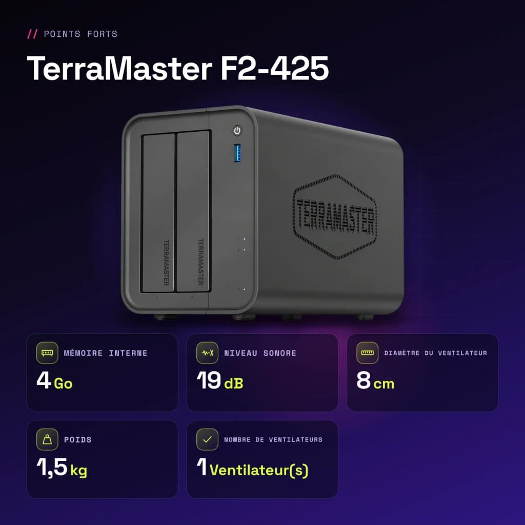 Serveur NAS TerraMaster 4Go Noir 2 Baies Sans Disques DDR4 F2-425 - caractéristiques