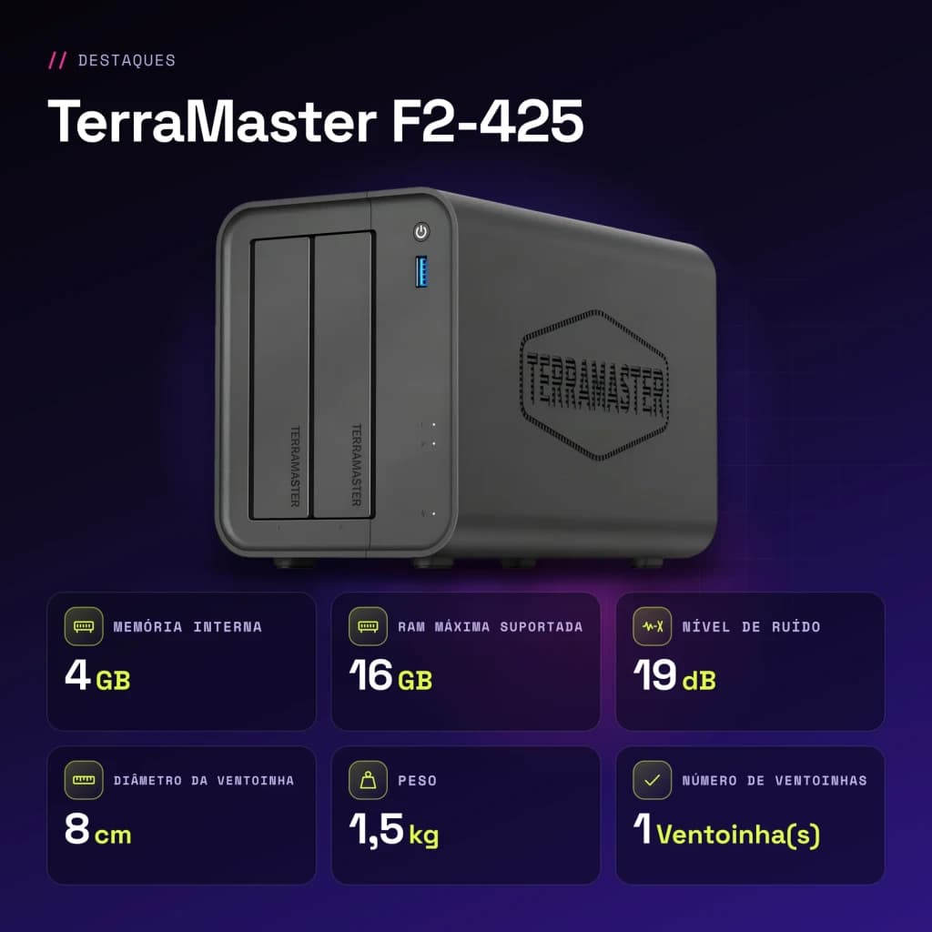 Serveur NAS TerraMaster 4Go Noir 2 Baies Sans Disques DDR4 F2-425 - caractéristiques