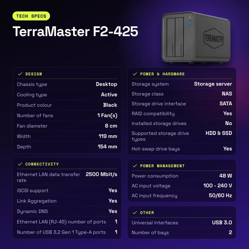 Serveur NAS TerraMaster 4Go Noir 2 Baies Sans Disques DDR4 F2-425 - caractéristiques