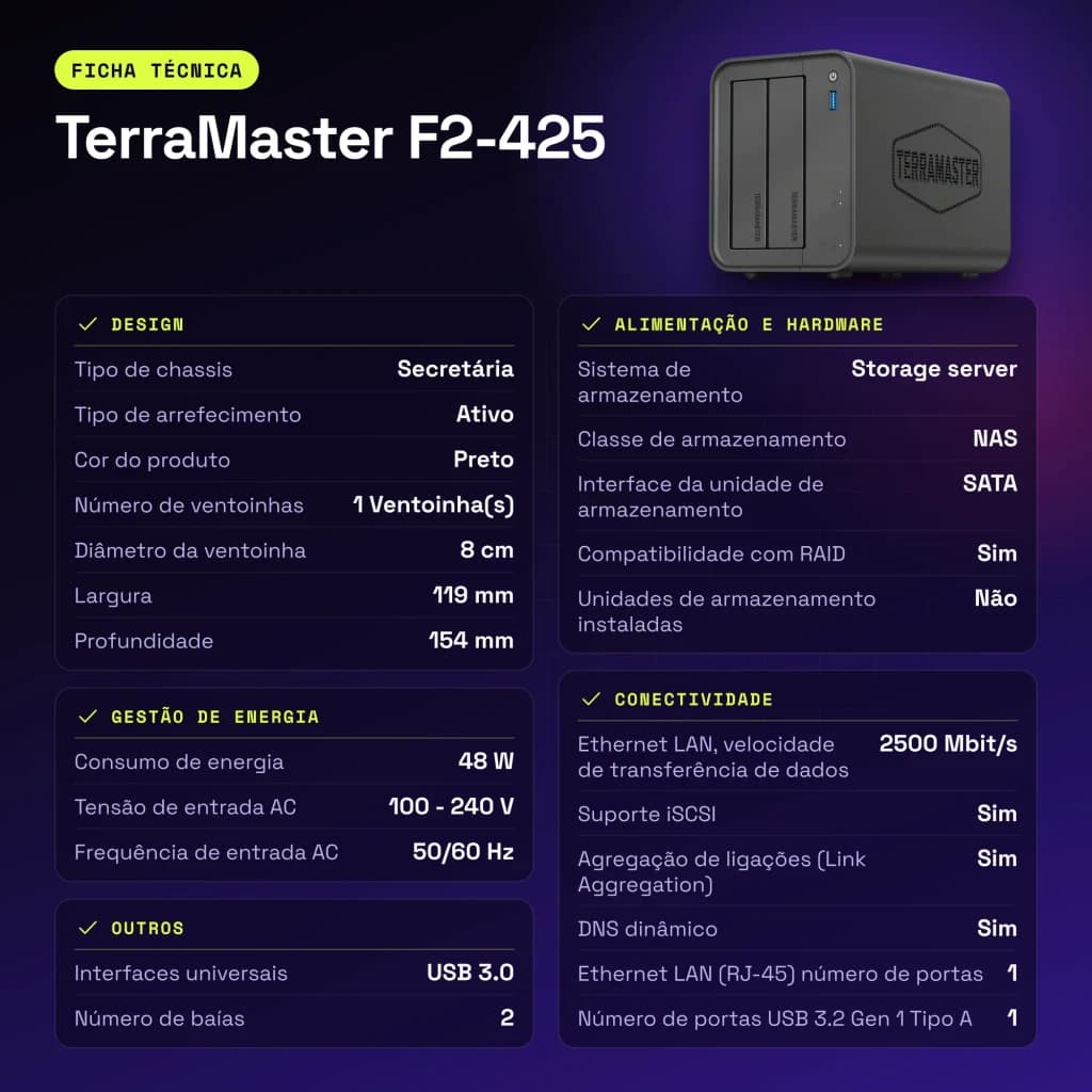 Serveur NAS TerraMaster 4Go Noir 2 Baies Sans Disques DDR4 F2-425 - caractéristiques