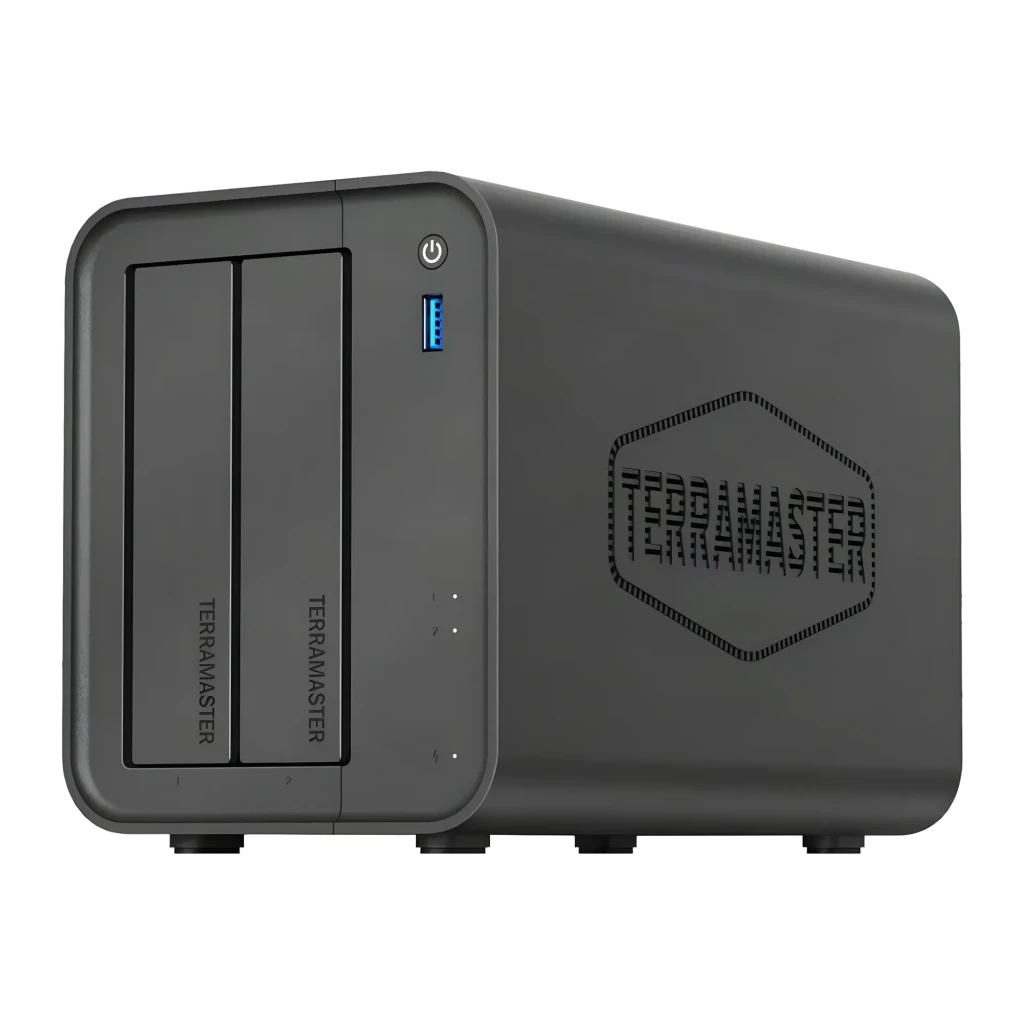 Serveur NAS TerraMaster 4Go Noir 2 Baies Sans Disques DDR4 F2-425, vue avant: 2 baies avec logo, port USB 3.0 et bouton