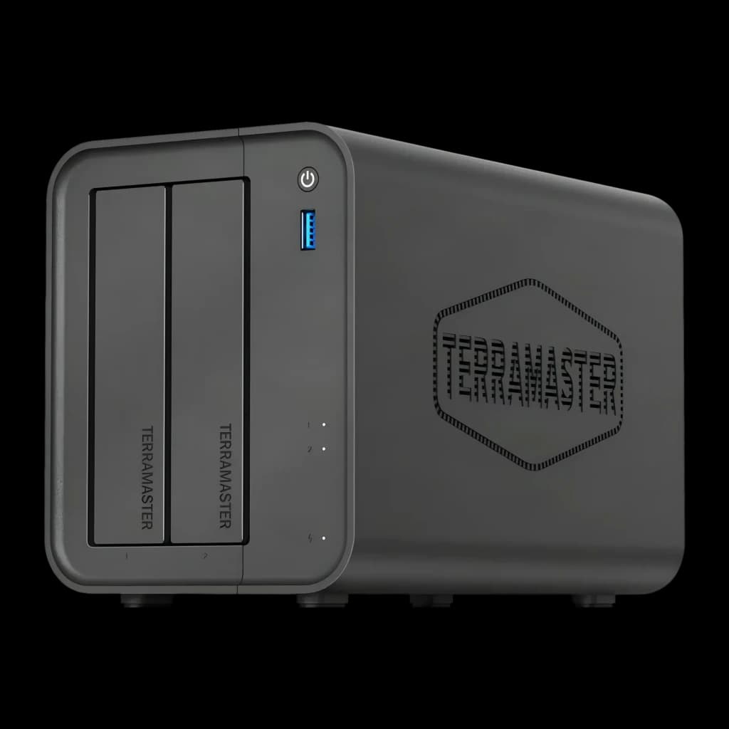 Serveur NAS TerraMaster 4Go Noir 2 Baies Sans Disques DDR4 F2-425, vue avant: 2 baies avec logo, port USB 3.0 et bouton