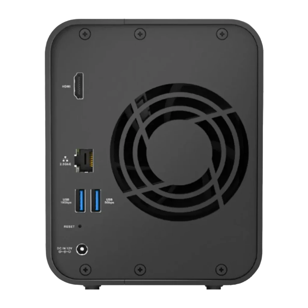 Serveur NAS TerraMaster 4Go Noir 2 Baies Sans Disques DDR4 F2-425, vue arrière: port HDMI, réseau 2.5GbE, 2 USB et grand