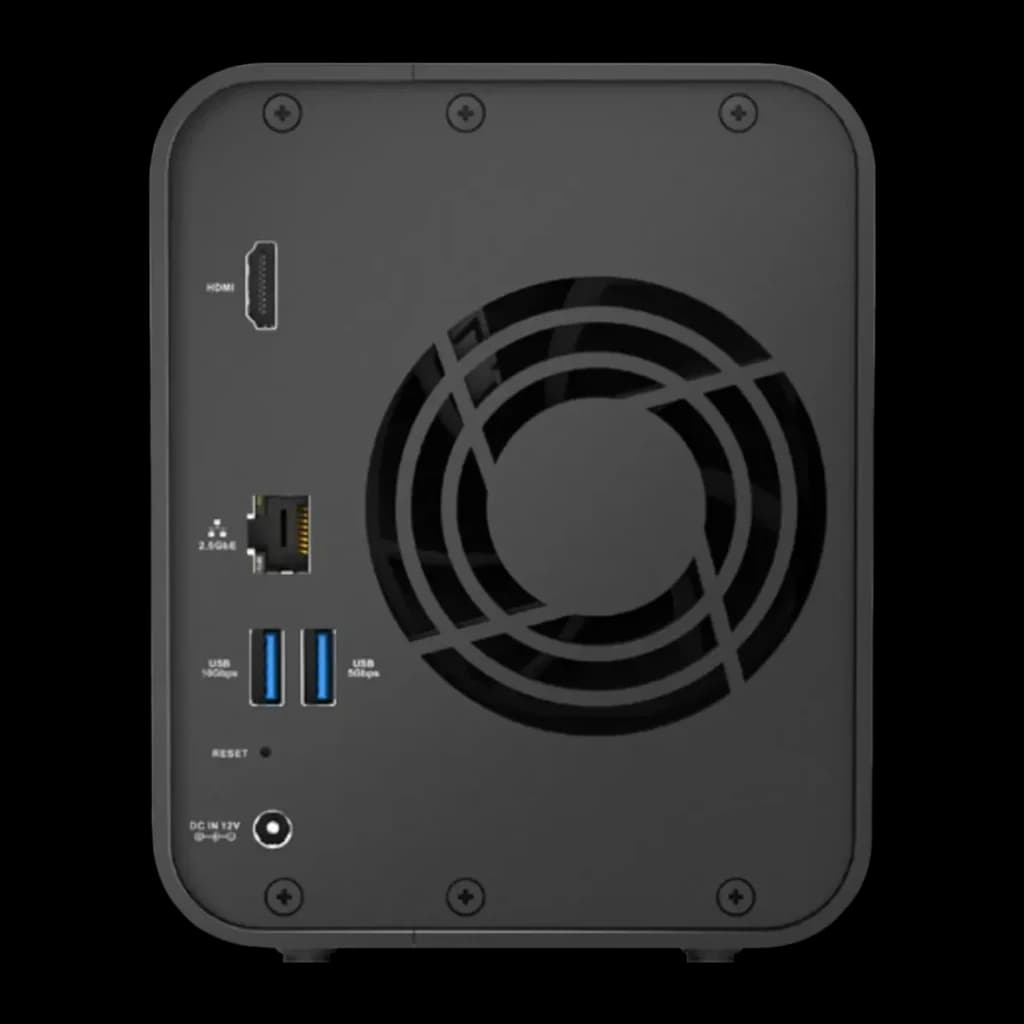 Serveur NAS TerraMaster 4Go Noir 2 Baies Sans Disques DDR4 F2-425, vue arrière: port HDMI, réseau 2.5GbE, 2 USB et grand