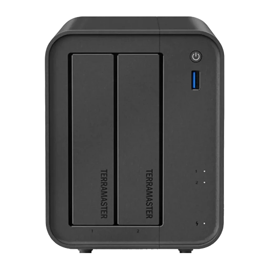 Serveur NAS TerraMaster 4Go Noir 2 Baies Sans Disques DDR4 F2-425, détail avant: 2 baies avec logo, bouton d'alimentation