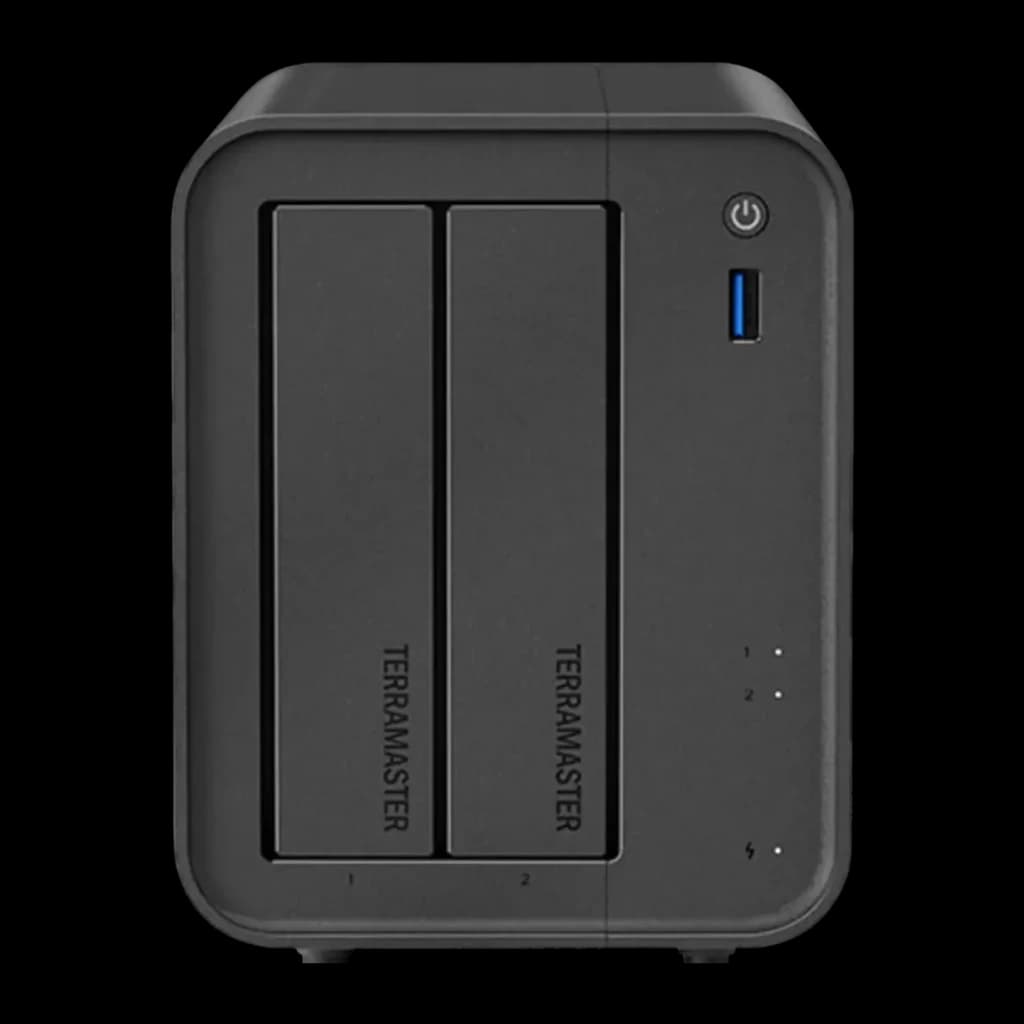 Serveur NAS TerraMaster 4Go Noir 2 Baies Sans Disques DDR4 F2-425, détail avant: 2 baies avec logo, bouton d'alimentation
