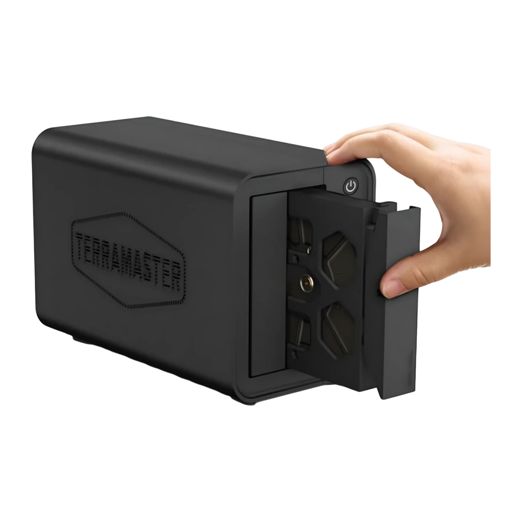 Serveur NAS TerraMaster 4Go Noir 2 Baies Sans Disques DDR4 F2-425, détail: main retirant le tiroir avant avec baies vides