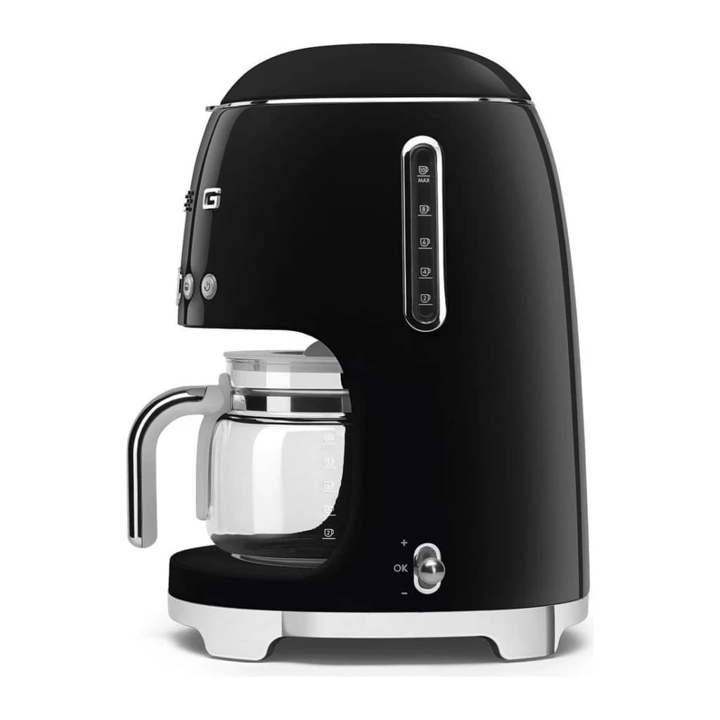 Cafeteira de filtro Smeg 1,4L 10 chávenas 1050W Preto DCF02BLEU, vista lateral: jarra de vidro, indicador de nível e botão
