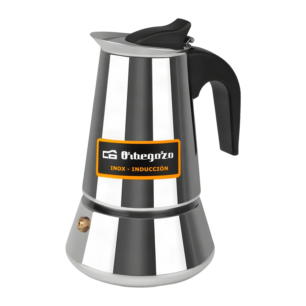 Cafetière Italienne Orbegozo 4 tasses Noir/Acier Inoxydable KFI 460, vue de face: corps inox poli, poignée noire, étiquette