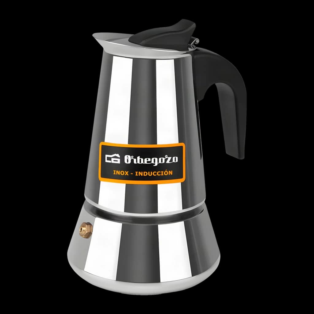 Cafetière Italienne Orbegozo 4 tasses Noir/Acier Inoxydable KFI 460, vue de face: corps inox poli, poignée noire, étiquette