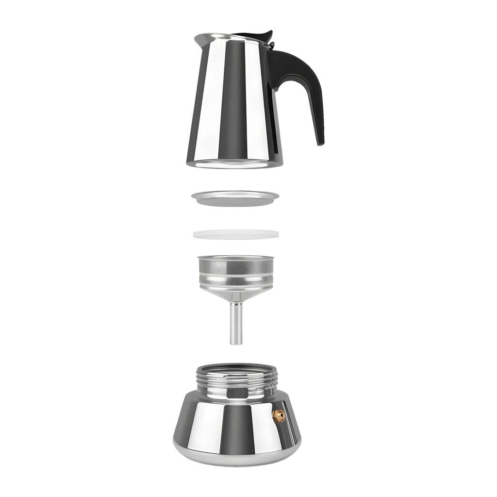 Cafetière Italienne Orbegozo 4 tasses Noir/Acier Inoxydable KFI 460, détail: vue éclatée montrant verseuse, joint, filtre
