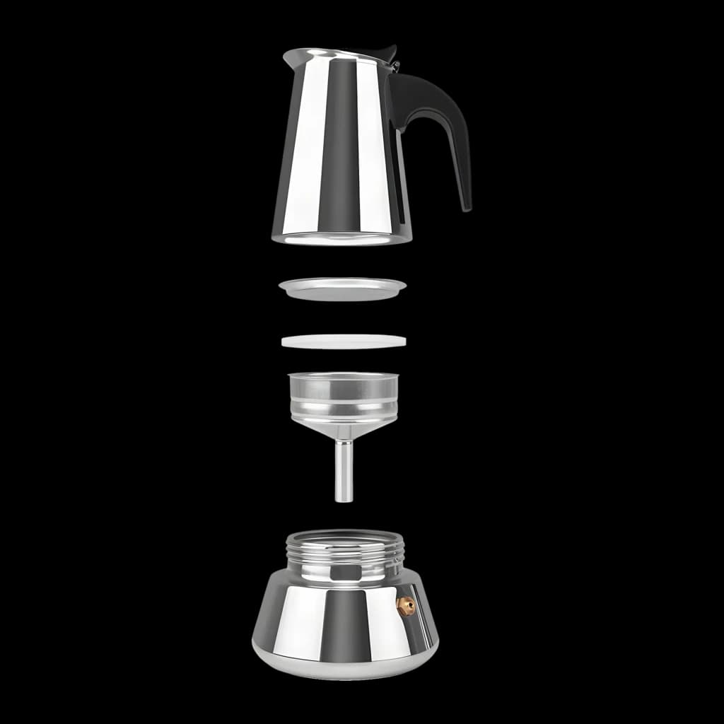 Cafetière Italienne Orbegozo 4 tasses Noir/Acier Inoxydable KFI 460, détail: vue éclatée montrant verseuse, joint, filtre
