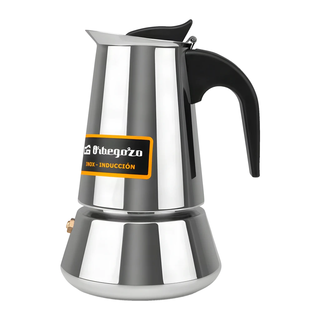 Cafetière Italienne Orbegozo 4 tasses Noir/Acier Inoxydable KFI 460, détail: étiquette Inox-Induction, poignée noire