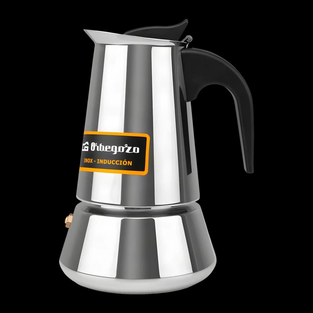 Cafetière Italienne Orbegozo 4 tasses Noir/Acier Inoxydable KFI 460, détail: étiquette Inox-Induction, poignée noire