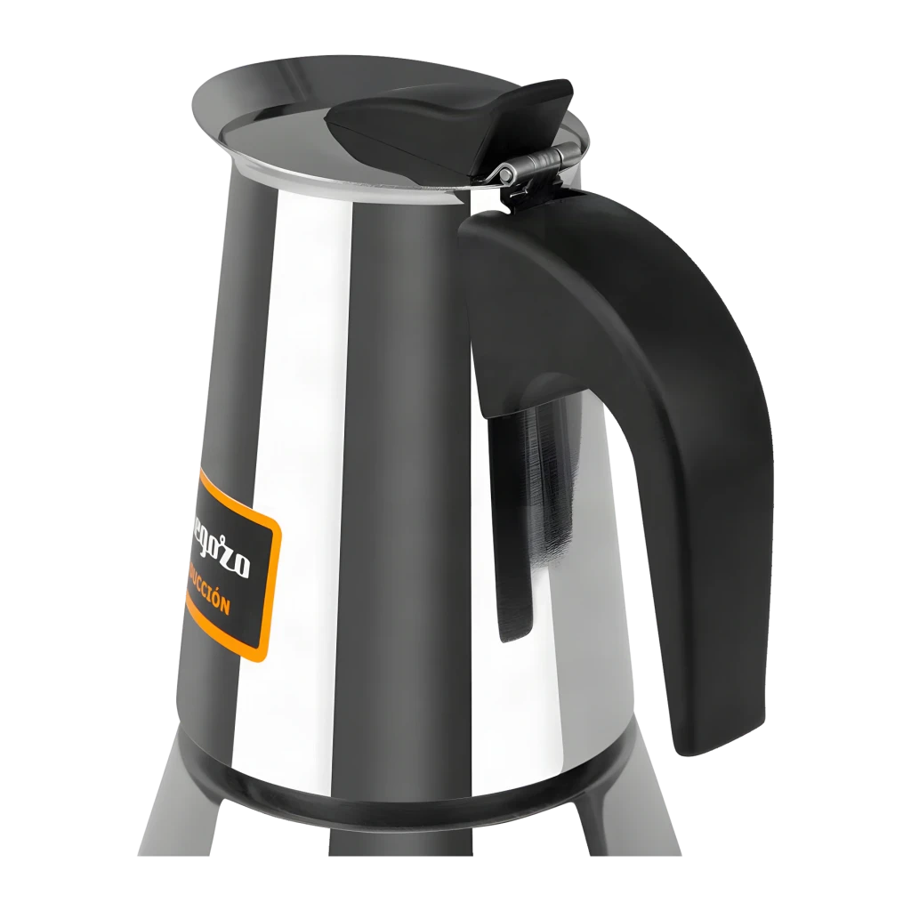Cafetière Italienne Orbegozo 4 tasses Noir/Acier Inoxydable KFI 460, détail: poignée noire ergonomique et couvercle à