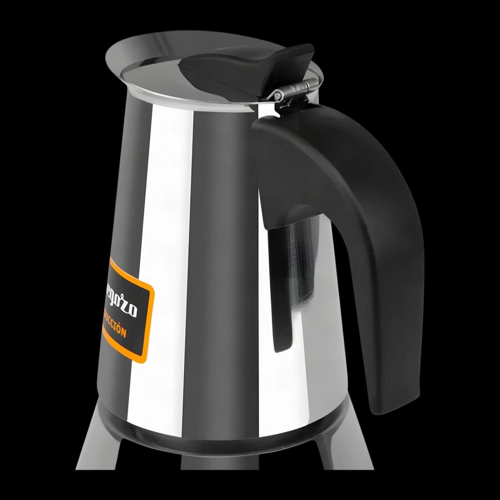 Cafetière Italienne Orbegozo 4 tasses Noir/Acier Inoxydable KFI 460, détail: poignée noire ergonomique et couvercle à