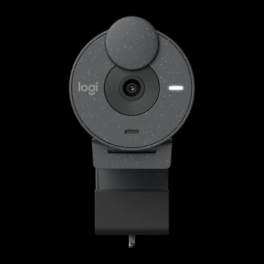 Webcam Logitech Brio 300 Full HD Microphone USB-C Graphite, vue avant: objectif central, cache vie privée, logo logi