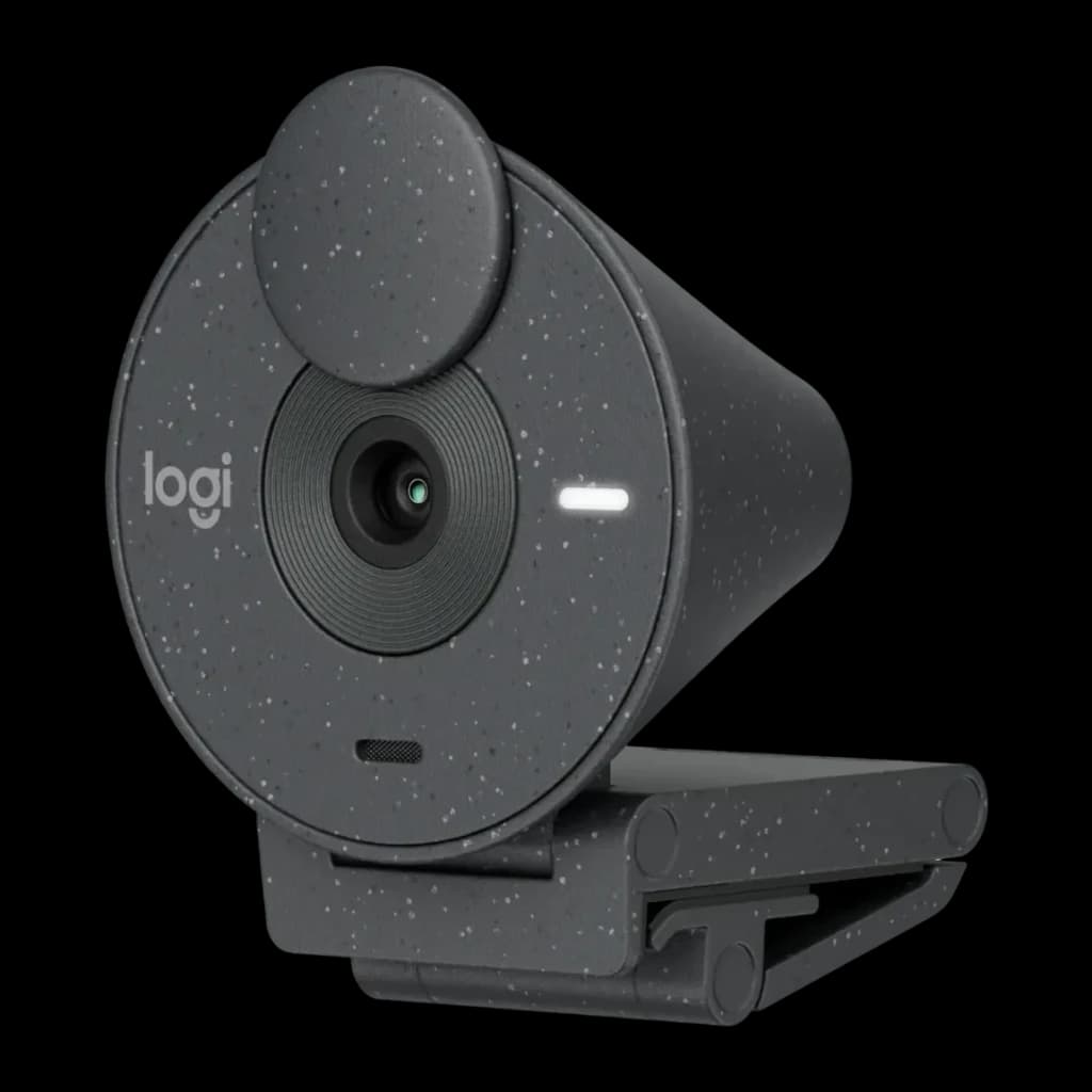 Webcam Logitech Brio 300 Full HD Microphone USB-C Graphite, détail: objectif, cache vie privée, LED indicateur et texture