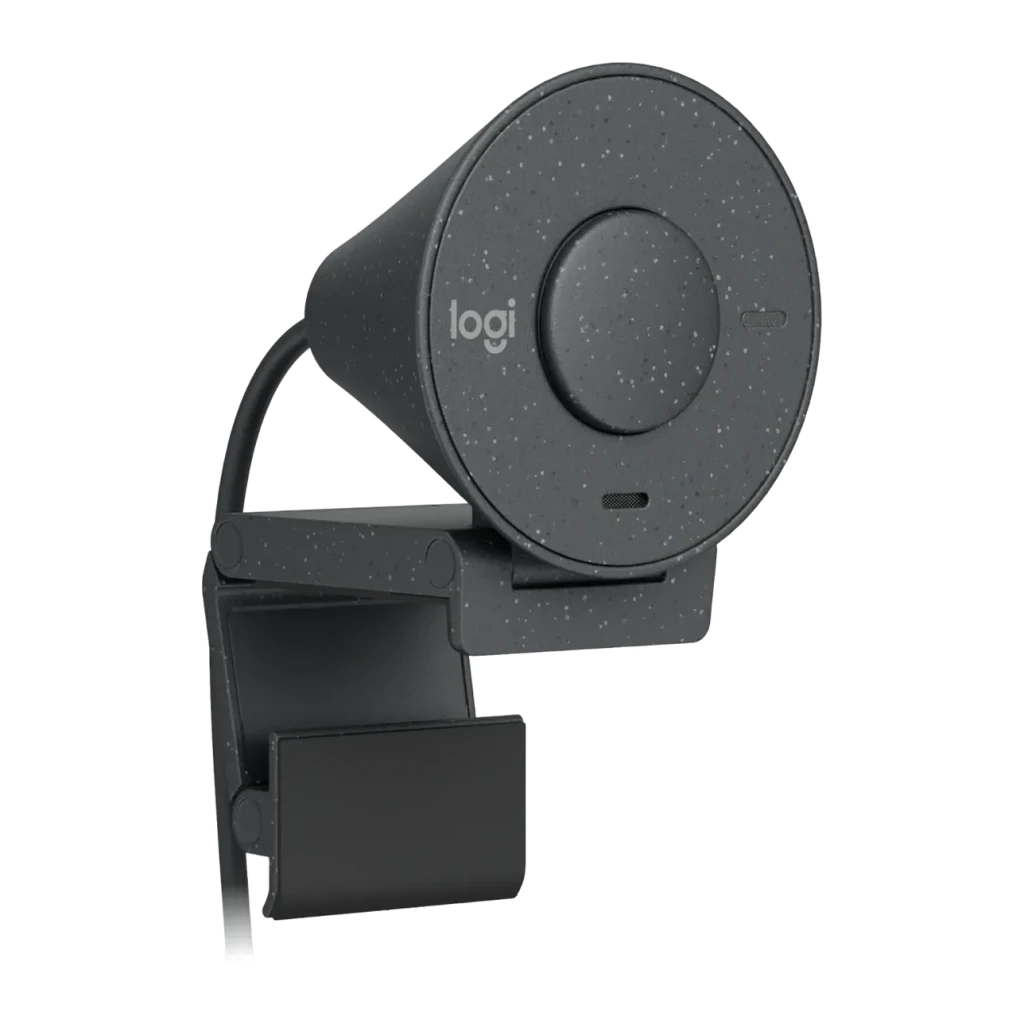 Webcam Logitech Brio 300 Full HD Microphone USB-C Graphite, vue arrière: corps circulaire moucheté, logo logi, grille micro