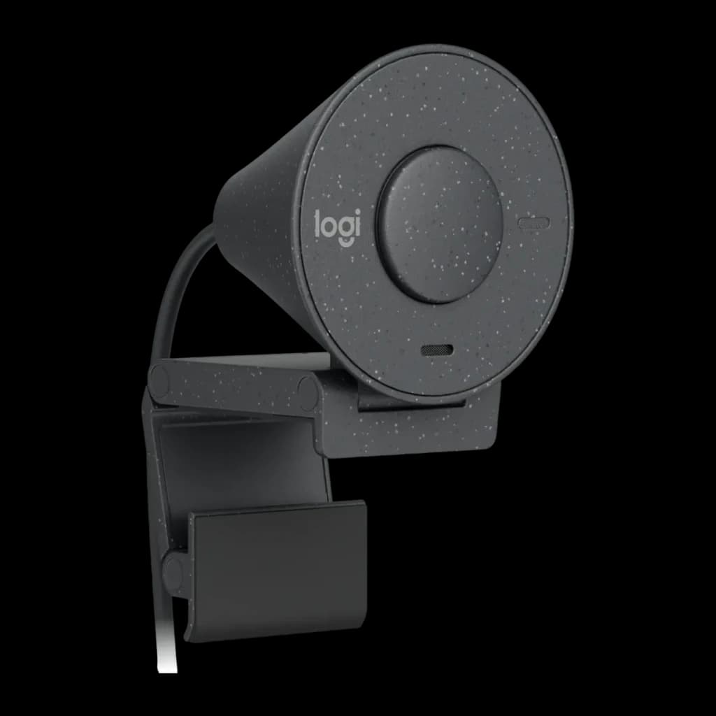Webcam Logitech Brio 300 Full HD Microphone USB-C Graphite, vue arrière: corps circulaire moucheté, logo logi, grille micro