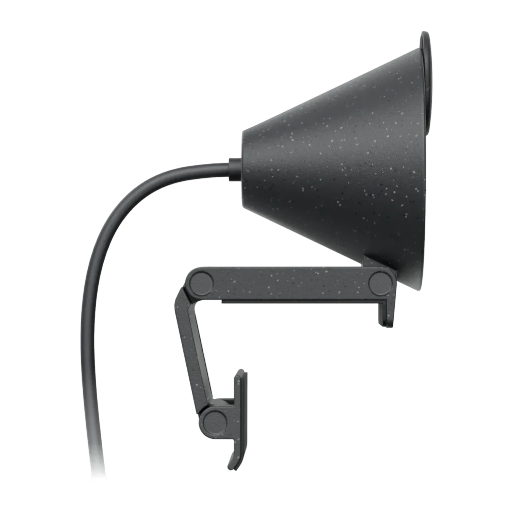 Webcam Logitech Brio 300 Full HD Microphone USB-C Graphite, détail latéral: clip de montage articulé et câble USB-C
