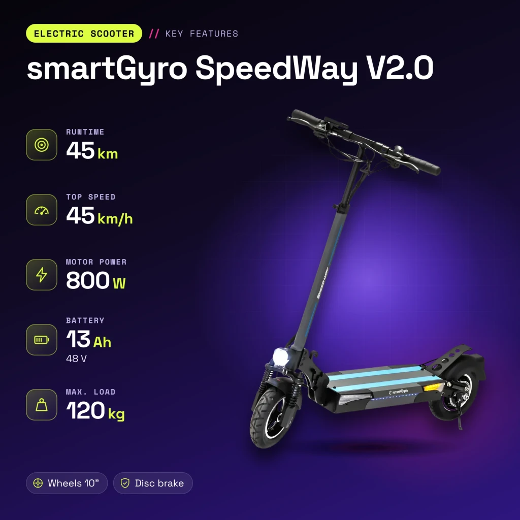 Patinete eléctrico smartGyro SpeedWay V2.0 800W 45km/h 10 pulgadas Negro/Azul - características