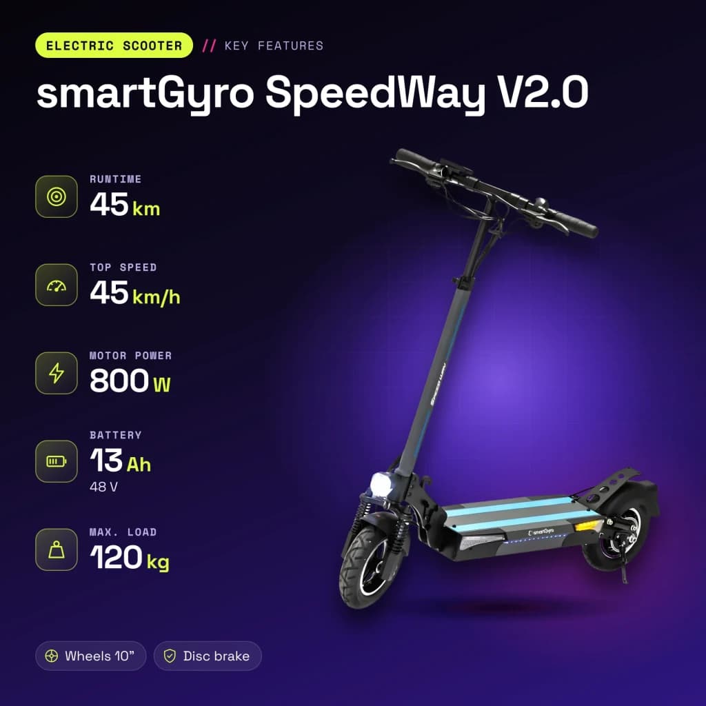 Patinete eléctrico smartGyro SpeedWay V2.0 800W 45km/h 10 pulgadas Negro/Azul - características