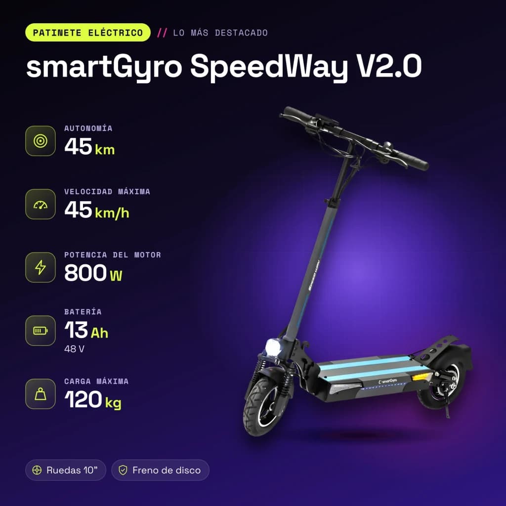 Patinete eléctrico smartGyro SpeedWay V2.0 800W 45km/h 10 pulgadas Negro/Azul - características