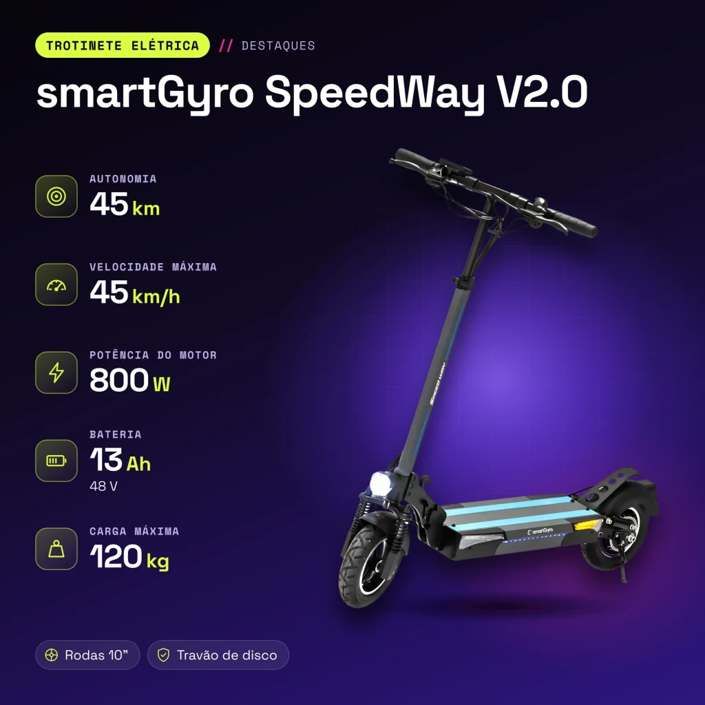 Patinete eléctrico smartGyro SpeedWay V2.0 800W 45km/h 10 pulgadas Negro/Azul - características