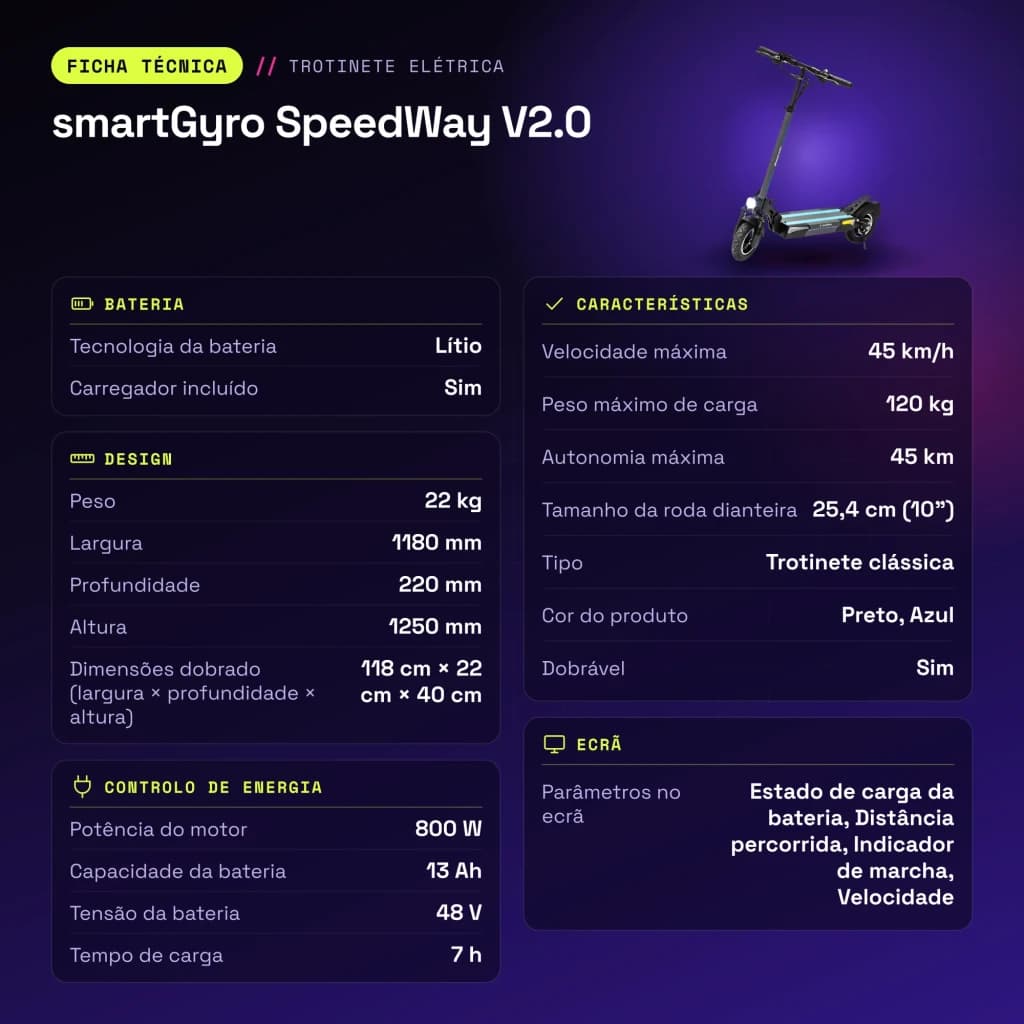 Patinete eléctrico smartGyro SpeedWay V2.0 800W 45km/h 10 pulgadas Negro/Azul - características