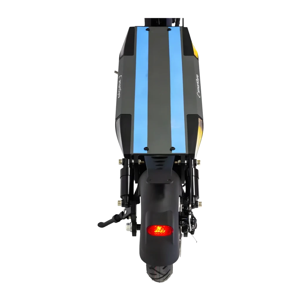 Patinete eléctrico smartGyro SpeedWay V2.0 800W 45km/h 10 pulgadas Negro/Azul, vista trasera: deck con franjas azules, luz